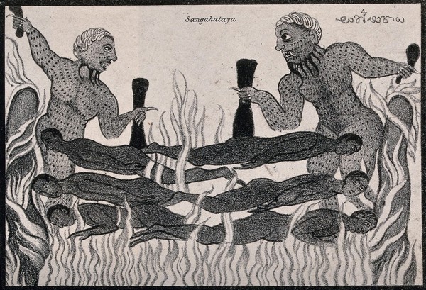 The torments of hell in Buddhism: two bearded demons burning six men alive. Lithograph.