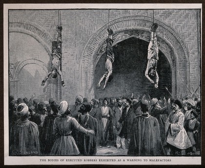 Persia: the bodies of three dead robbers hanging in a public hall; men standing below them. Process print after C.J. Staniland, 1896.