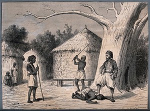 view North Africa (?): a black man is pinned to the ground by a Turk (?) who treads on his neck, while two other black men beat him with sticks. Wood engraving by C. Laplante, ca. 1880 (?).