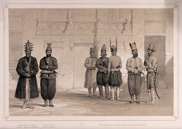 Afghanistan: the retinue of Shah Shoojau-Ool-Moolk, including his Chief Executioner and a Mutilator. Lithograph by L. Haghe after L.W. Hart, 1843.