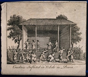 view The torture of rebels in Persia. Line engraving with etching, 17--.