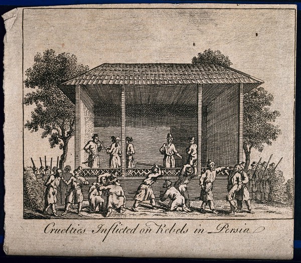 The torture of rebels in Persia. Line engraving with etching, 17--.