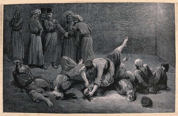 Prisoners of the Tchaudor tribe having their eyes cut out with a knife in Khiva, Uzbekistan. Wood engraving by F.-J. Gauchard after É. Bayard, ca. 1868.