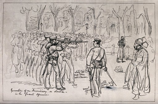 Execution of a looter by firing squad in Alexandria. Wood engraving, ca. 1882 (?).