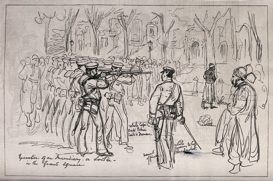 Anglo-Egyptian War, 1882: the execution of an Egyptian fighter by a British firing squad in Alexandria. Wood engraving after M. Prior, 1882.