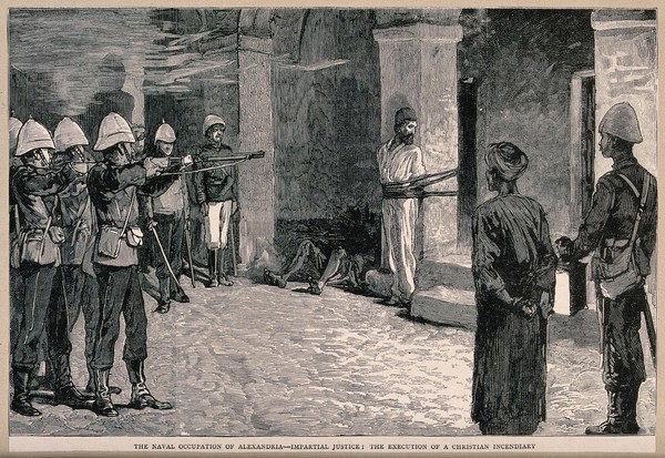 Anglo-Egyptian War, 1882: execution of an arsonist by a British firing squad in Alexandria. Wood engraving after F. Villiers, ca. 1882.