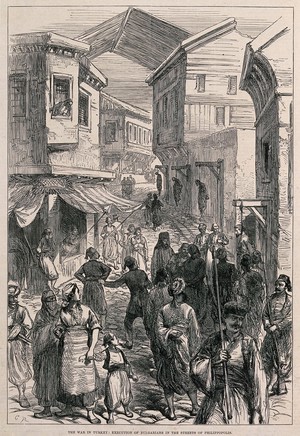 view Plovdiv (Philippopolis), Bulgaria: the hanging of Bulgarians by Turks. Wood engraving after C.R., 1876.