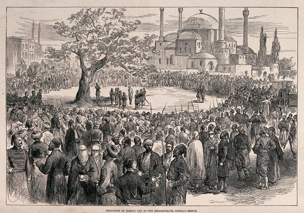 The hanging of Hassan Bey in Constantinople. Wood engraving, 1876.