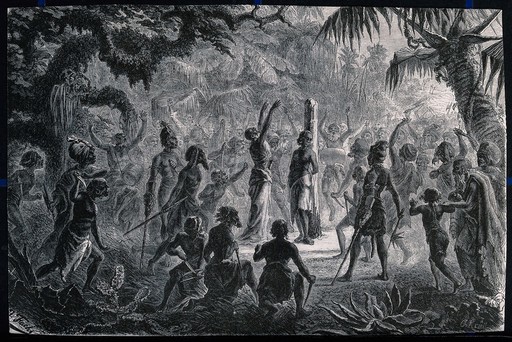 Human sacrifice among the Khonds in India: a victim (meriah) about to be dismembered. Wood engraving by C. Krull after Fuchs, 18--.