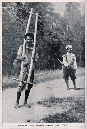 A cattle thief in Siam punished by having a yoke fixed around his neck. Process print, 19--.