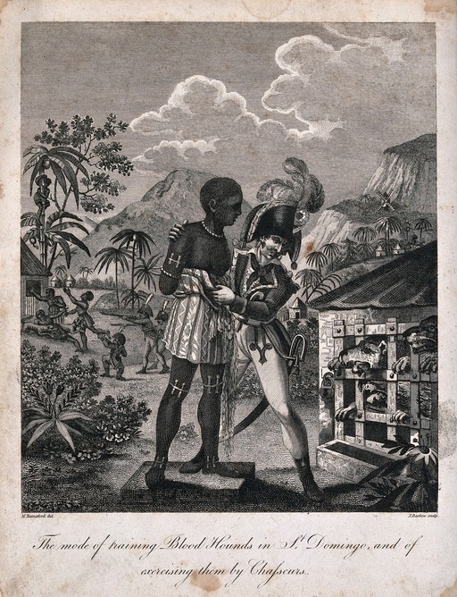 French sailors feeding manacled black slaves natives of San Domingo to ravenous blood-hounds. Engraving by J. Barlow, 1805, after M. Rainsford.