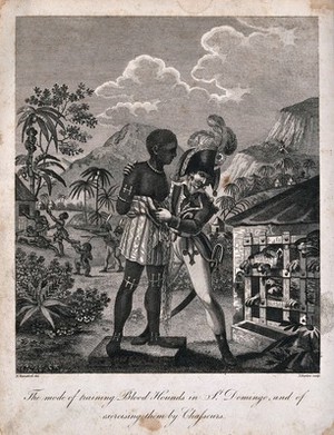 view French sailors feeding manacled black slaves in San Domingo to ravenous blood-hounds. Engraving by J. Barlow, 1805, after M. Rainsford.