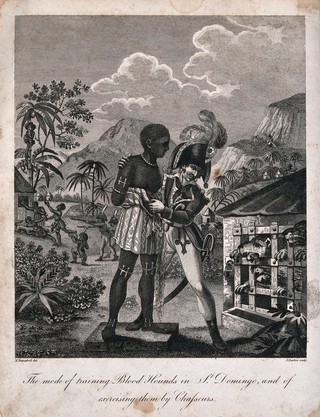 French sailors feeding manacled black slaves in San Domingo to ravenous blood-hounds. Engraving by J. Barlow, 1805, after M. Rainsford.