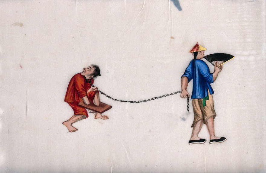 A Chinese man being punished with stocks (?): the man is shown walking with one arm and one leg encased in 'stocks', while another man leads him on a chain. Gouache painting on rice-paper, 18--?.