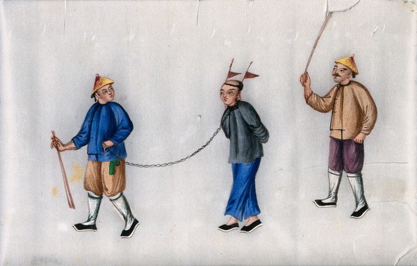 A Chinese man, with hands tied behind his back and a chain attached to his neck, is led by one man, while another hits him from behind with a stick. Gouache painting on rice-paper, 18--?.