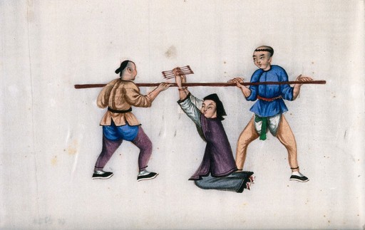 A Chinese woman being tortured by two men