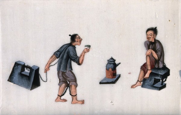Two Chinese prisoners, shackled to large weights: one prisoner drinks tea (?), while the other sits beside a small furnace. Gouache painting on rice-paper, 18--?.