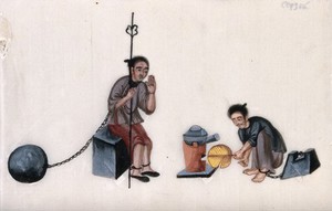 view Two Chinese prisoners, shackled to large weights: one prisoner sits on a bench tea, while the other fans the flames of a small furnace. Gouache painting on rice-paper, 18--?.
