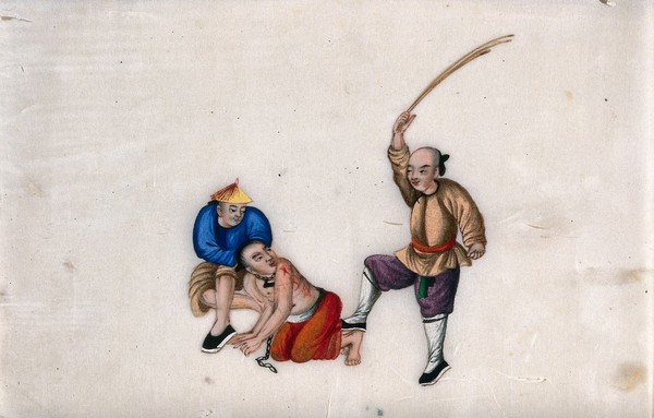 A Chinese prisoner being subjected to a flogging: the prisoner is shown being held in a kneeling position by one man, while another administers lashes to his back. Gouache painting on rice-paper, 18--?.
