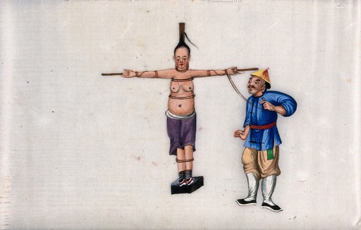 A Chinese woman tied to a cross with a male torturer