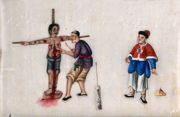 A Chinese woman being subjected to torture while tied to a cross: the woman's torturer is shown using a knife to cut open her abdomen, arms and face, while a formally-dressed man looks on. Gouache painting on rice-paper, 18--?.