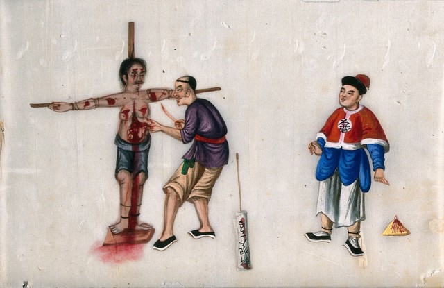 A Chinese woman being subjected to torture while tied to a cross: the woman's torturer is shown using a knife to cut open her abdomen, arms and face, while a formally-dressed man looks on. Gouache painting on rice-paper, 18--?