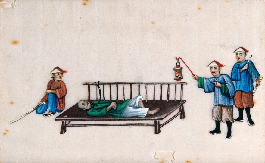 A Chinese man being subjected to torture while shackled to a bed or rack, surrounded by three torturers. Gouache painting on rice-paper, 18--?.