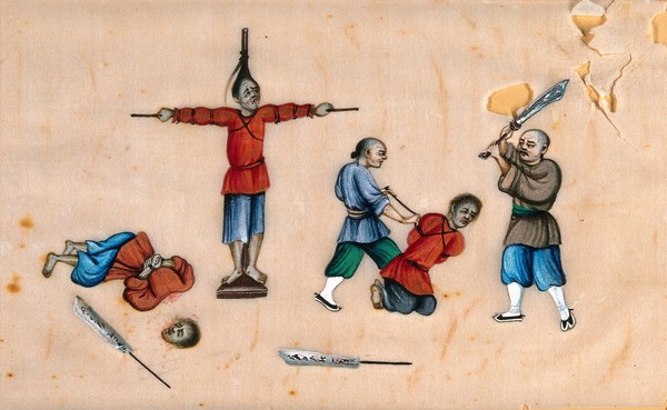 Three Chinese men being subjected to torture and execution: left, the body of a recently decapitated man, centre, a man tied to a cross, right, an executioner prepars to decapitate a kneeling man. Gouache painting on rice-paper, 18--?.