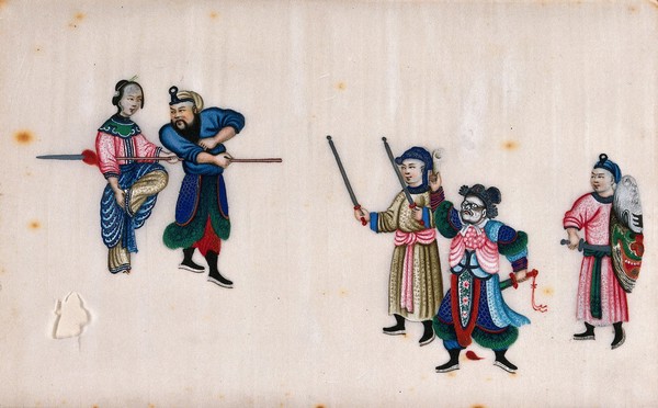 A Chinese woman in formal dress, shown standing with four armed male figures, one of whom is wearing a mask. Gouache painting on rice-paper, 18--?.