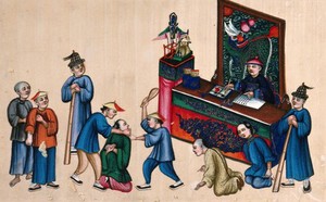 view A Chinese courtroom (?): a woman is shown being beaten, as she kneels before a formally-dressed official, who is writing at a desk. Gouache painting on rice-paper, 1780/1880?.