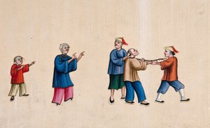 view A Chinese man being taken prisoner: a man is shown being led away by two other men, who pull on a chain attached to his neck, while a woman and child look on. Gouache painting on rice-paper, 1780/1880?.