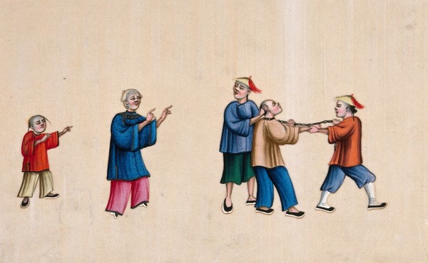 A Chinese man being taken prisoner: a man is shown being led away by two other men, who pull on a chain attached to his neck, while a woman and child look on. Gouache painting on rice-paper, 1780/1880?.