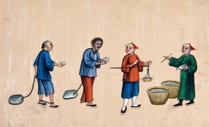 view Two Chinese prisoners receiving food: an official is shown supervising the weighing and distribution of food to the two prisoners, who are shown carring one small bowl each. Gouache painting on rice-paper, 1780/1880?.