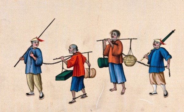 Two Chinese prisoners carrying heavy loads on poles balanced on their shoulders: the men have their legs shackled and are led by two other men, who hold the long chains attached to the prisoners' necks. Gouache painting on rice-paper, 1780/1880?.