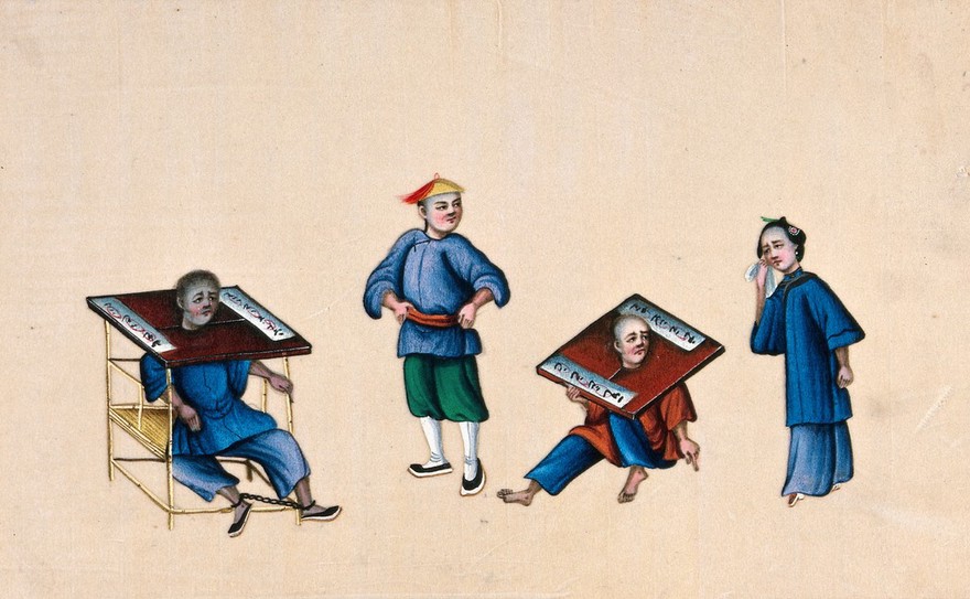 Two Chinese prisoners with their necks enclosed in stocks known as the 'cangue', watched by a guard and a weeping woman. Gouache painting on rice-paper, 1780/1880?.