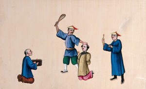 view A kneeling Chinese woman is subjected to a beating, while a fellow prisoner looks on, his wrists enclosed in stocks. Gouache painting on rice-paper, 1780/1880?.