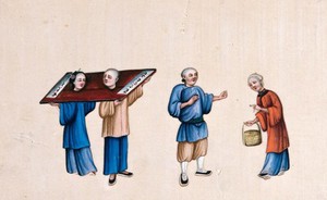 view A Chinese man and woman shown with their necks enclosed in stocks known as the 'cangue'. Gouache painting on rice-paper, 1780/1880?.