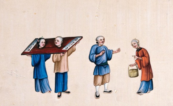 A Chinese man and woman shown with their necks enclosed in stocks known as the 'cangue'. Gouache painting on rice-paper, 1780/1880?.