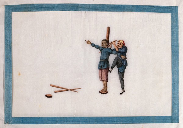 A Chinese man tortures a prisoner bound at the stake. Gouache painting by a Chinese artist, ca. 1850.