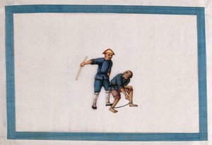 view A Chinese man beats a prisoner. Gouache painting by a Chinese artist, ca. 1850.