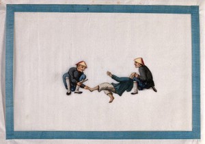 view A man, held by two Chinese torturers, has the soles of his feet beaten with a stick. Gouache painting by a Chinese artist, ca. 1850.