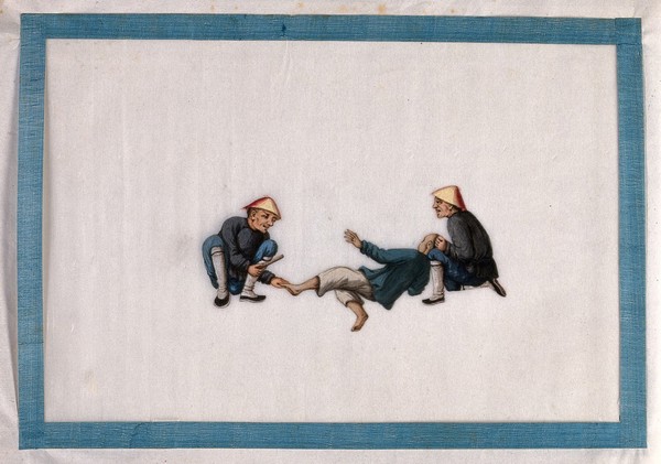 A man, held by two Chinese torturers, has the soles of his feet beaten with a stick. Gouache painting by a Chinese artist, ca. 1850.