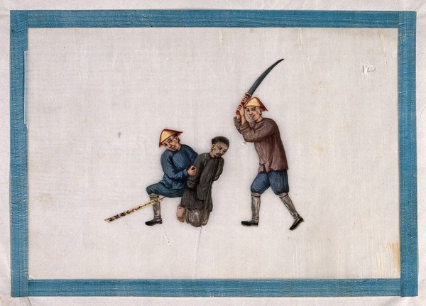 The execution by sword of a Chinese man. Gouache painting by a Chinese artist, ca. 1850.