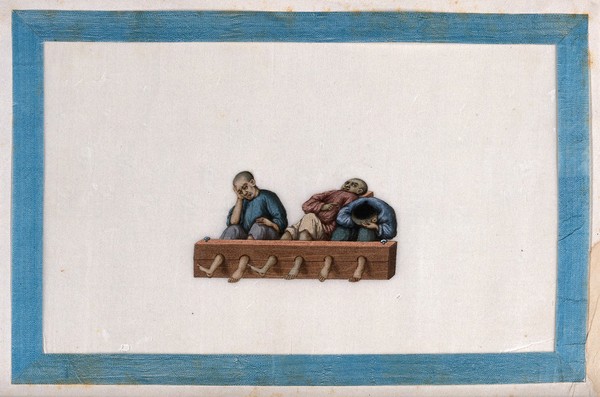 Three Chinese prisoners in the stocks. Gouache painting by a Chinese artist, ca. 1850.