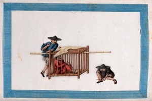 view A Chinese prisoner in a wooden cage. Gouache painting by a Chinese artist, ca. 1850.