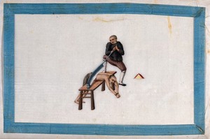 view A Chinese prisoner is sliced into two by a large blade. Gouache painting by a Chinese artist, ca. 1850.