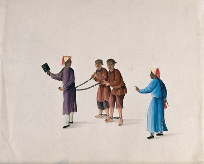 Two Chinese prisoners are led by chains. Gouache painting by a Chinese artist, ca. 1850.