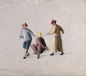 view A Chinese prisoner with bound hands and feet and head covered is slowly strangled by two executioners with rope. Gouache painting by a Chinese artist, ca. 1850.