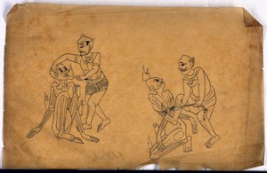 view Two Chinese men torture two prisoners. Pen and ink drawing by a Chinese artist, ca. 1850.