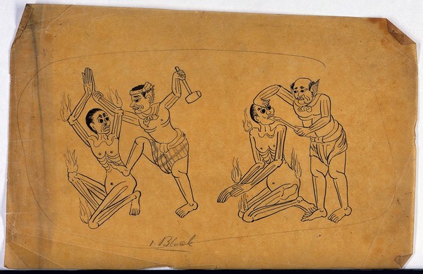 Two Chinese men torture two prisoners. Pen and ink drawing by a Chinese artist, ca. 1850.